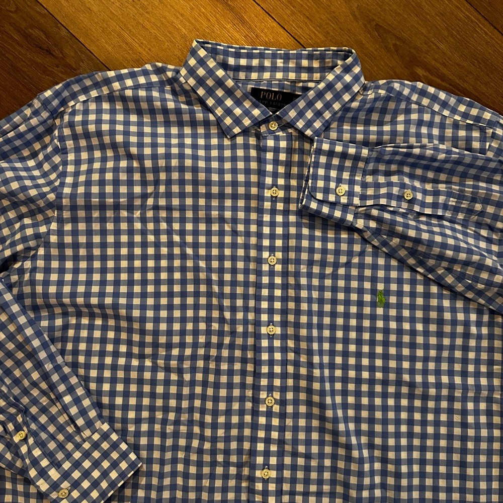 Polo Ralph Lauren Mens 3XLT Gingham Shirt Blue White Non-Iron Tall Long Sleeve